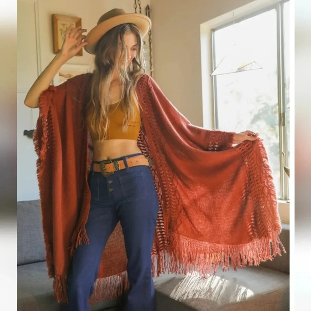 Boho Fringe Border Ruana Wrap Kimono New